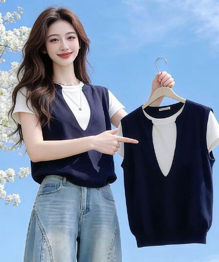 학원 스타일 패치워크 색상 페이크 레이어드 V넥 긍정적 인 어깨 반팔 티셔츠 여자 여름 디자인 센스 Chic 고유 한 작은 대중 맨위