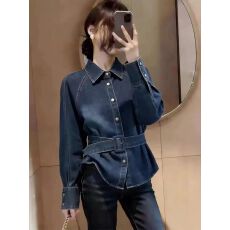 批发港风复古翻领<b class='q'>牛仔</b>外套女春季高级感裙摆收腰系带显瘦衬衫掐腰上衣