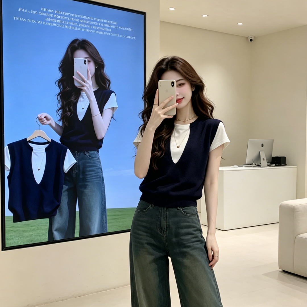 빅 사이즈 학원 스타일 패치워크 색상 페이크 레이어드 V넥 긍정적 인 어깨 반팔 티셔츠 여자 여름 디자인 센스 Chic 작은 대중 맨위