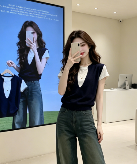 빅 사이즈 학원 스타일 패치워크 색상 페이크 레이어드 V넥 긍정적 인 어깨 반팔 티셔츠 여자 여름 디자인 센스 Chic 작은 대중 맨위