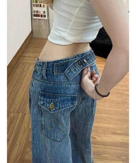 아메리칸 핫걸 바람 워싱 스트레이트 청바지 여성 작은 대중 높음 거리 디자인 센스 루즈핏 슬림해 보이는 캐주얼 넓은 다리 길이 바지