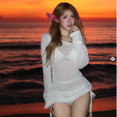 批发2026年新款分体泳衣女性感辣妹长袖斜肩罩衫遮肚显瘦泡温泉泳装女