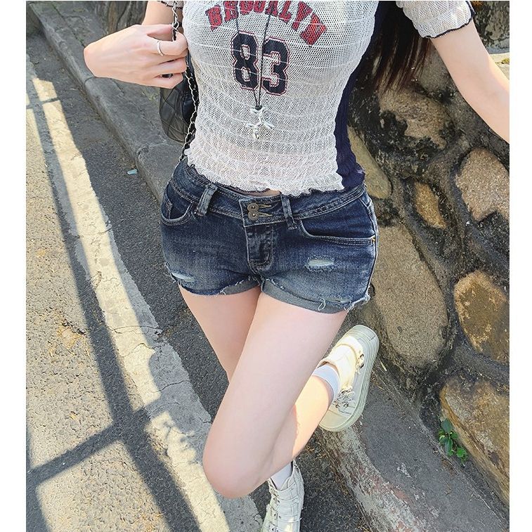 아메리칸 레트로 핫걸 로우 웨이스트 데님 초단바지 여성 여름 새로운 찢어진 부분 볼륨 측면 슬림해 보이는 타이트 타이트 스커트 핫 바지