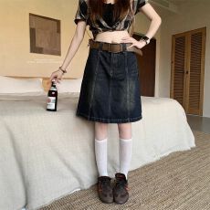 批发美式复古水洗A字半身牛仔中裙女夏季设计感高腰宽松显瘦百搭短裙