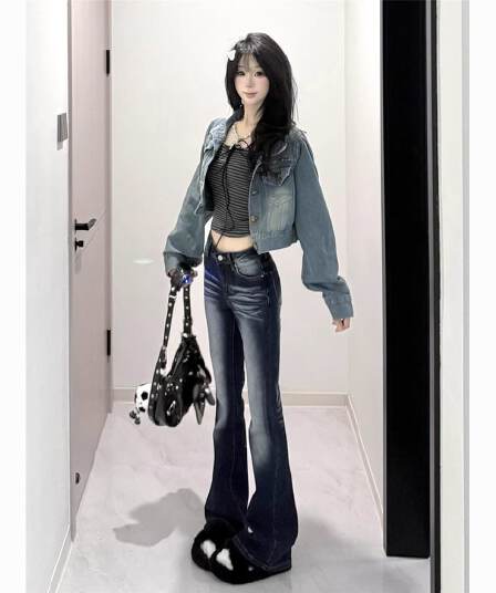 핫걸 섹시함 부츠컷 청바지 여성 봄 가을 새로운 타이트 하이웨이스트 슬림해 보이는 다용도 호스 슈 롱 바지