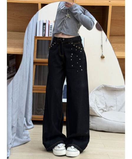 블랙 골드 색상 징 워싱 넓은 다리 청바지 여성 봄 새로운 높음 거리 아메리칸 디자인 센스 슬림해 보이는 스트레이트 팬츠 트렌디