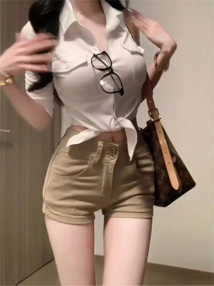 핫걸 레트로 아메리칸 카키 색 펭 넓적 다리 데님 반바지 여성 2025 여름 타이트 슬림해 보이는 타이트 스커트 핫 바지 트렌디