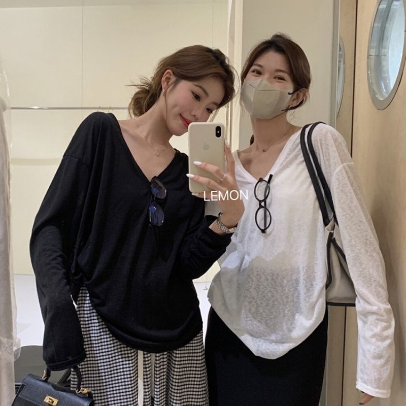 대나무 마디 리브 V넥 긴팔 자외선 차단 블라우스 외부 가져 가라. 셔츠 Tulle 맨위