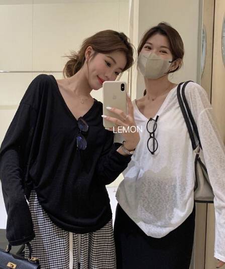 대나무 마디 리브 V넥 긴팔 자외선 차단 블라우스 외부 가져 가라. 셔츠 Tulle 맨위