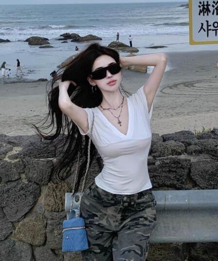 사람들 면 260 그램 화이트 V넥 반팔 티셔츠 여성 여름