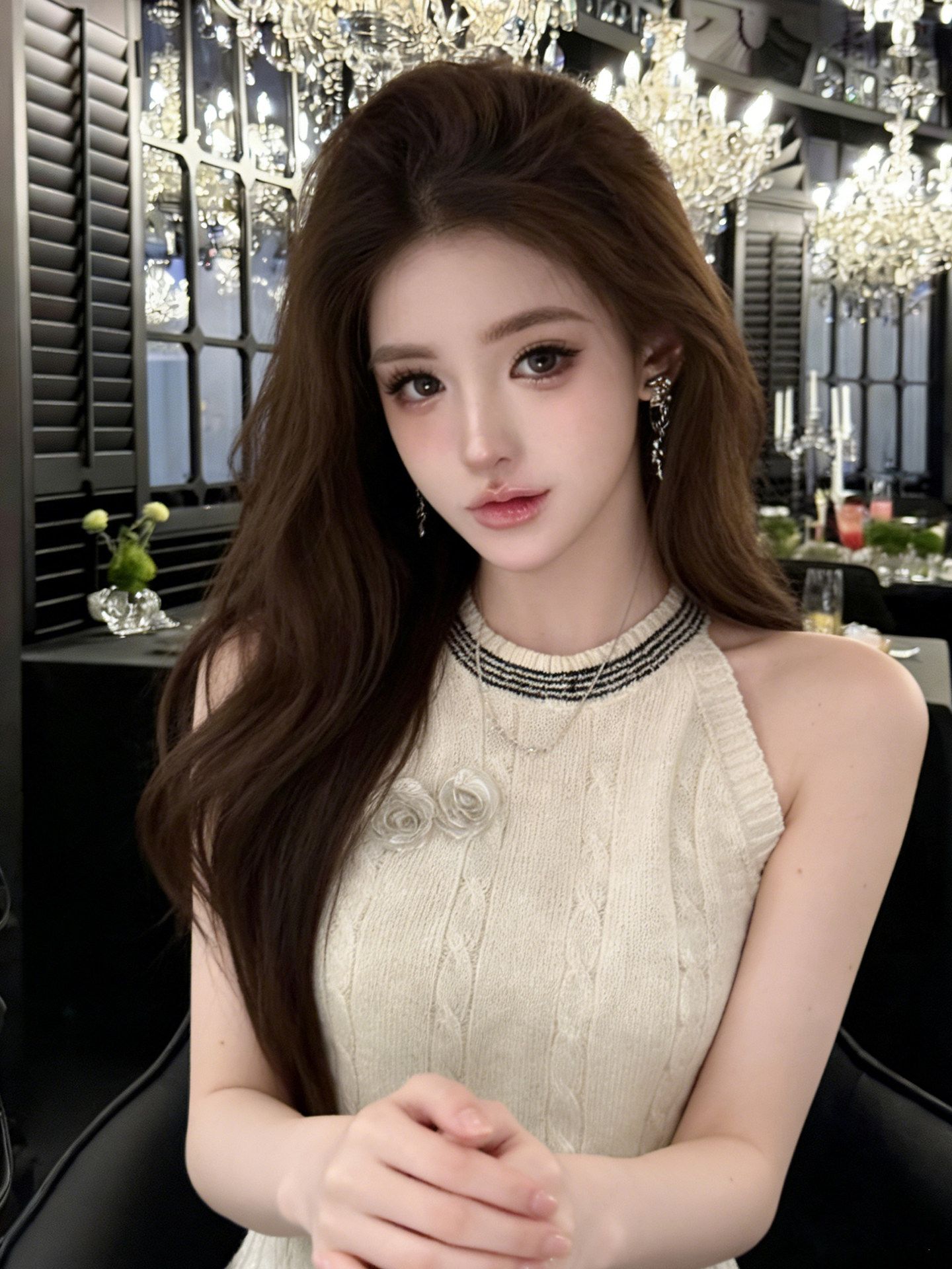 레트로 작은 샤넬 스타일 행침 목 니트 조끼 여성 3 차원 꽃 트위스트 꽃 빛 럭셔리 민소매 맨위