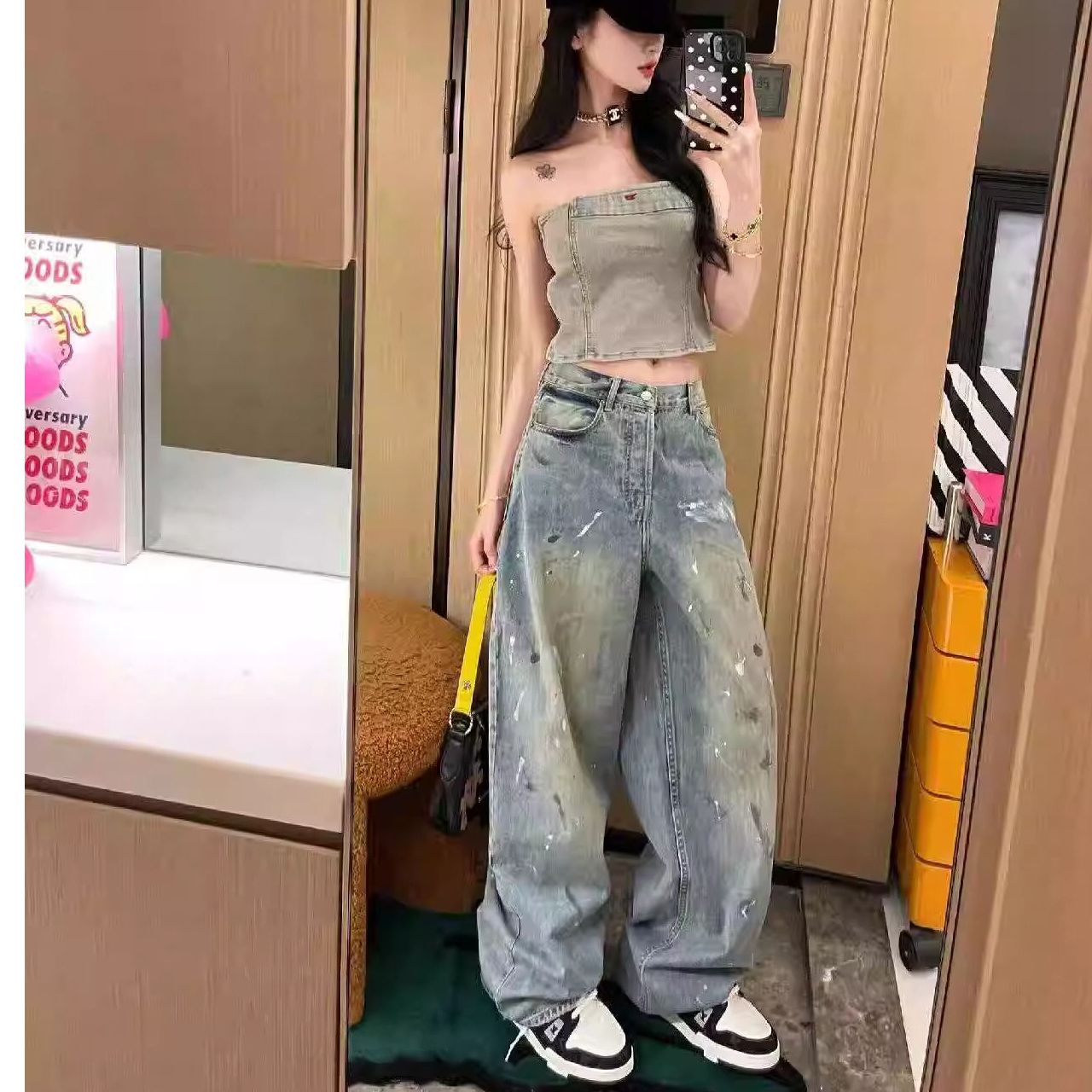 아메리칸 레트로 먹물 낙서 넓은 다리 청바지 여성 디자인 센스 작은 대중 패션 루즈핏 슬림해 보이는 스트레이트 바닥 청소 바지