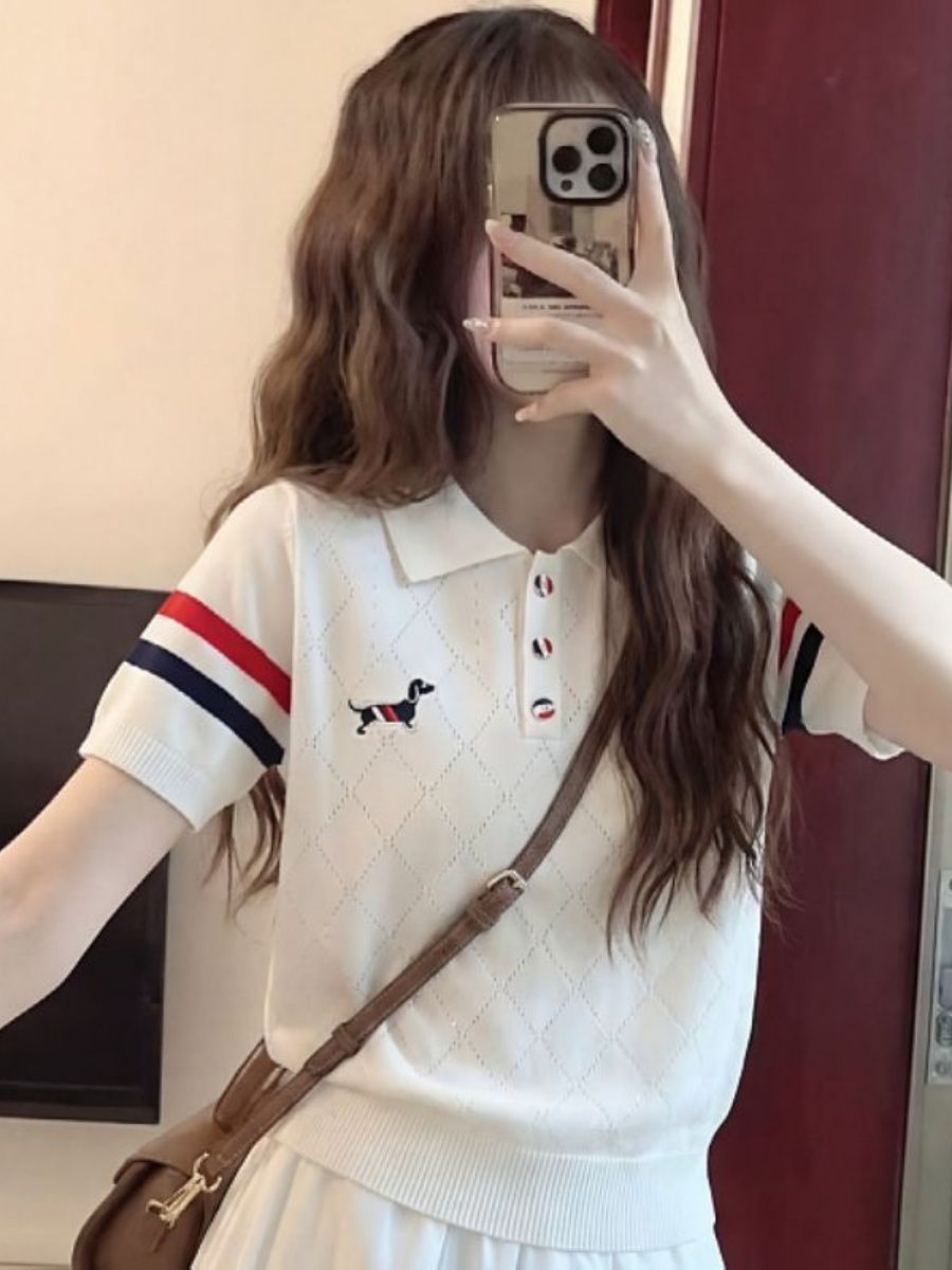 학원 스타일 자수 강아지 배색 폴로 칼라 반팔 니트 스웨터 여성 여름 새로운 POLO 칼라 맨위