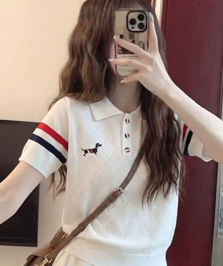 학원 스타일 자수 강아지 배색 폴로 칼라 반팔 니트 스웨터 여성 여름 새로운 POLO 칼라 맨위