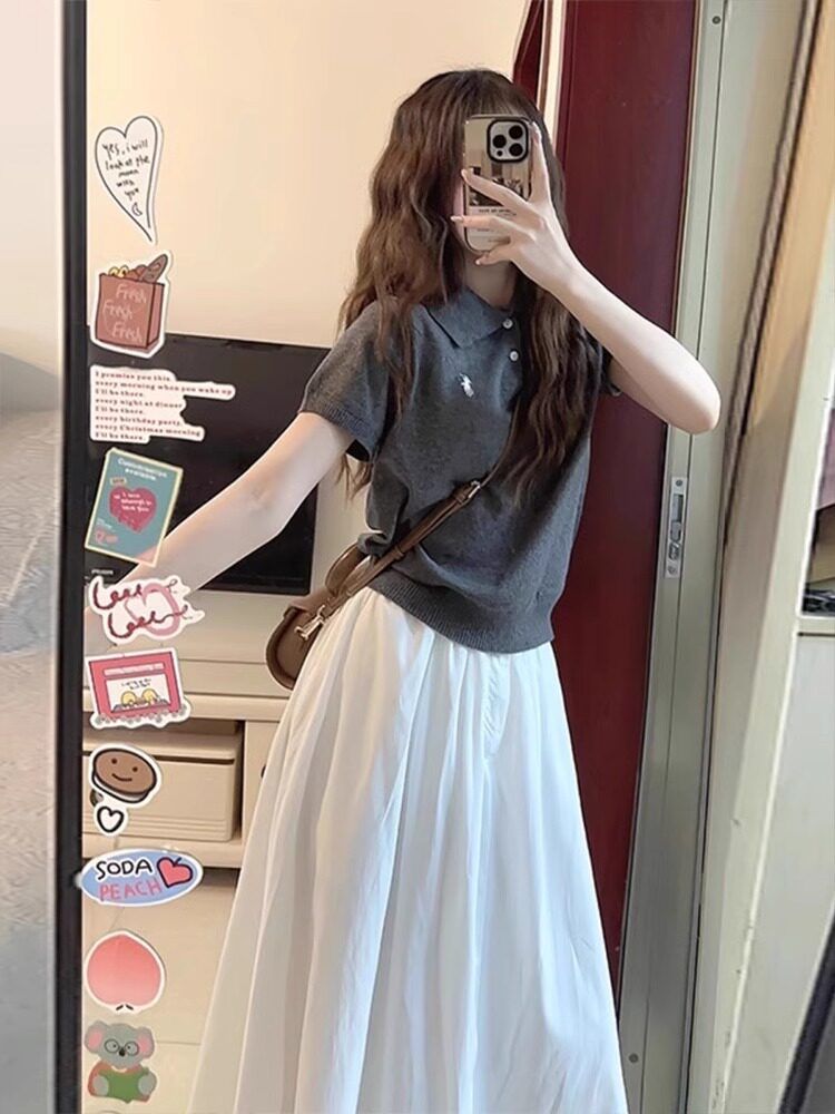 POLO 칼라 자수 소금 부서 니트 반팔 티셔츠 여성 여름 몸매 가꾸기 슬림해 보이는 쇼트 스타일 맨위