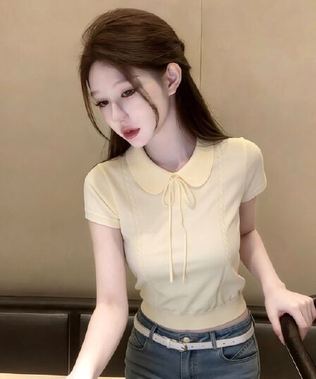 프랑스식 달콤함 레이스업 베이비 칼라 반팔 니트 스웨터 여성 여름 몸매 가꾸기 부드러운 슬림해 보이는 맨위 트렌디