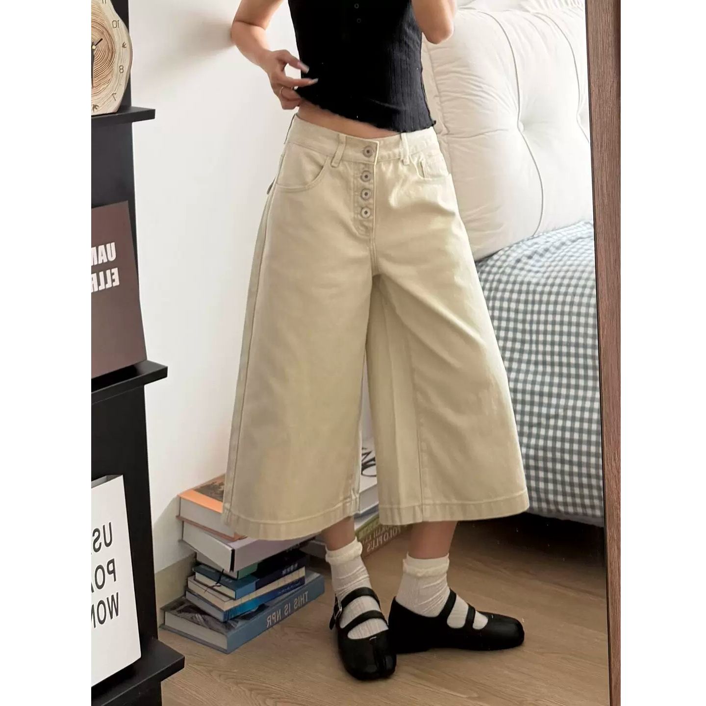 아메리칸 레트로 카키 색 7 점 청바지 여성 여름 작은 키 하이웨이스트 루즈핏 스트레이트 6 점 바지 반바지