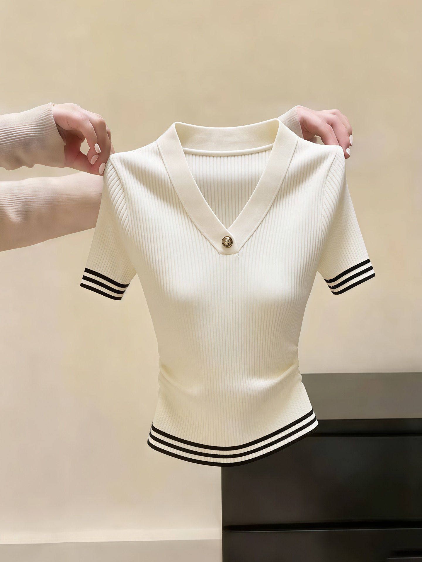 빛 요리 한 바람 V넥 단추 구덩이 기사 반팔 니트 스웨터 여성 새로운 프랑스식 배색 꼬집기 허리 작은 맨위