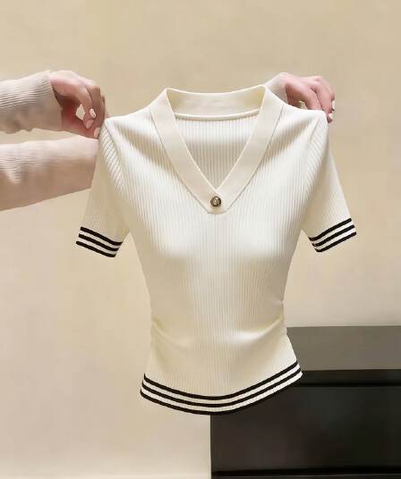 빛 요리 한 바람 V넥 단추 구덩이 기사 반팔 니트 스웨터 여성 새로운 프랑스식 배색 꼬집기 허리 작은 맨위