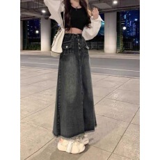 批发毛边水洗牛仔半身裙女春<b class='q'>秋</b>新款排扣中长裙复古大摆A字裙半裙