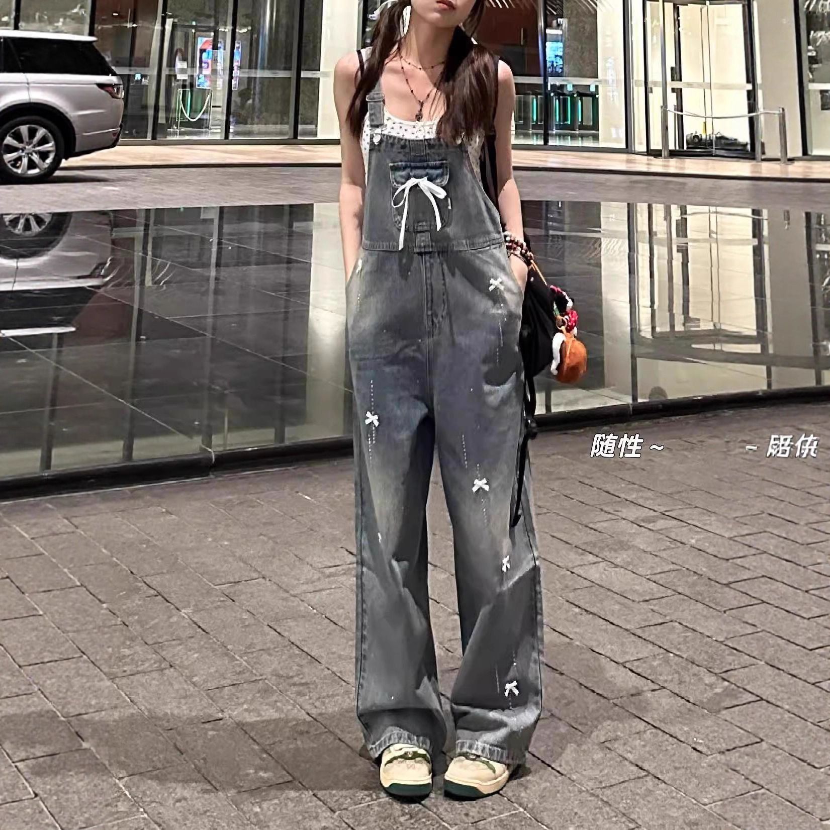 아메리칸 레트로 데님 멜빵 바지 여성 새로운 봄 가을 루즈핏 나비 매듭 핫픽스 여름 연령 감소 스트레이트 팬츠