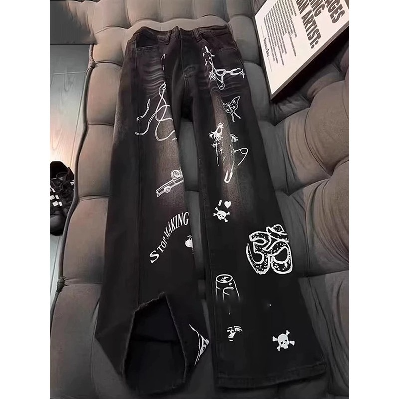 아메리칸 높음 거리 vibe 디자인 센스 그라데이션 색상 낙서 프린트 청바지 여성 봄 가을 루즈핏 스트레이트 와이드 레그 팬츠 어린이