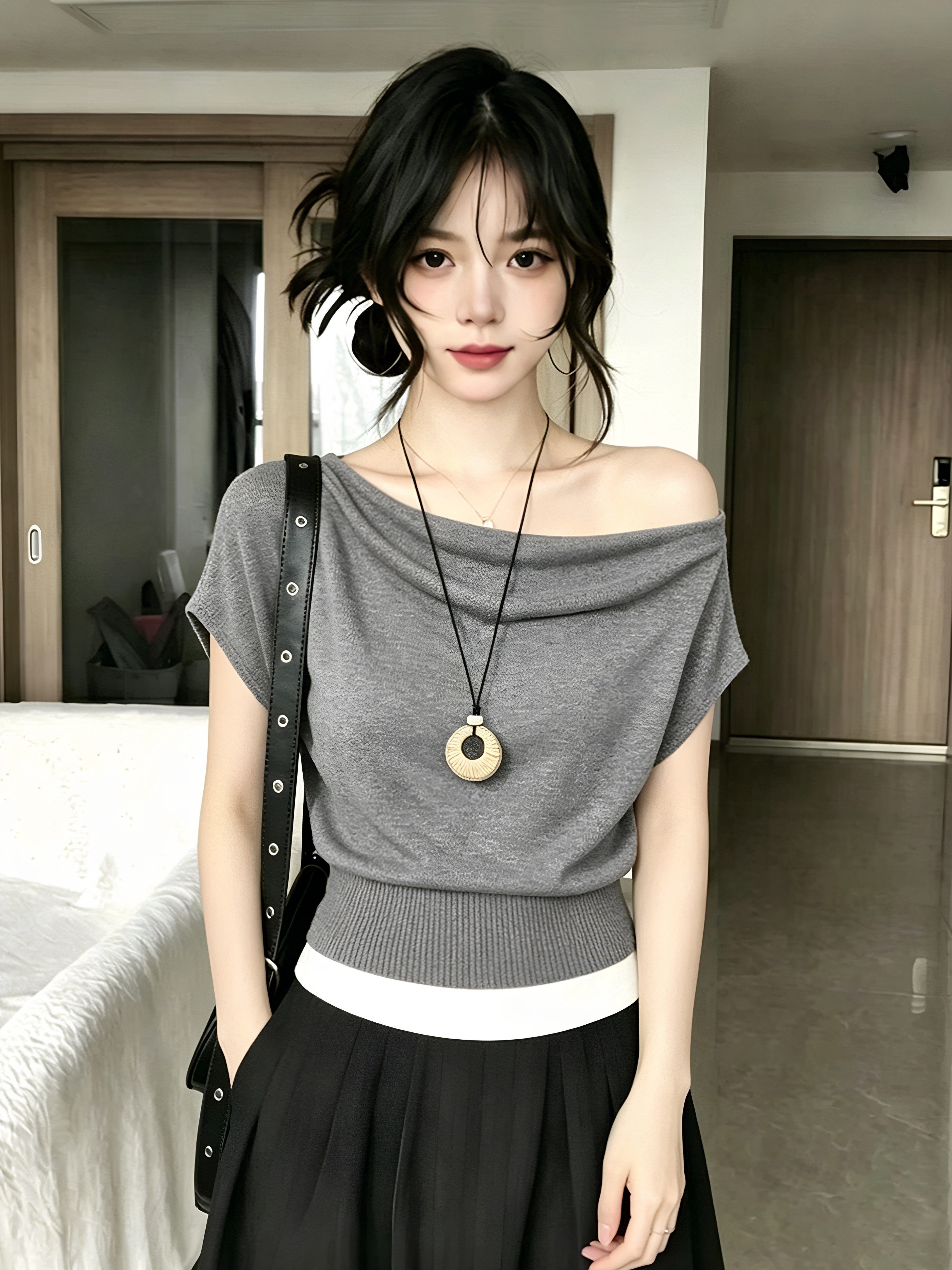 프랑스식 달콤한 차가운 느슨함 바람 루즈핏 배트윙 소매 니트 티셔츠 여성 몸매 가꾸기 슬림해 보이는 연령 감소 만나는 맨위
