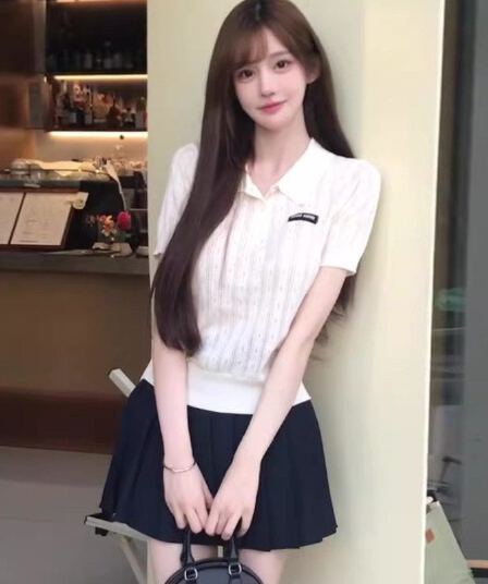 화이트 POLO 셔츠 니트 반팔 티셔츠 여성 여름 한국 스타일 배색 뒤집다 디스플레이 폴로 칼라 맨위