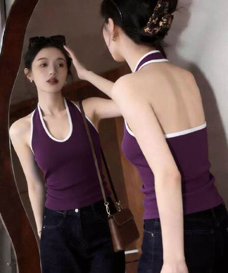 품격 레트로 배색 니트 행침 목 조끼 외출용 여성 여름 새로운 몸매 가꾸기 백리스 맨위