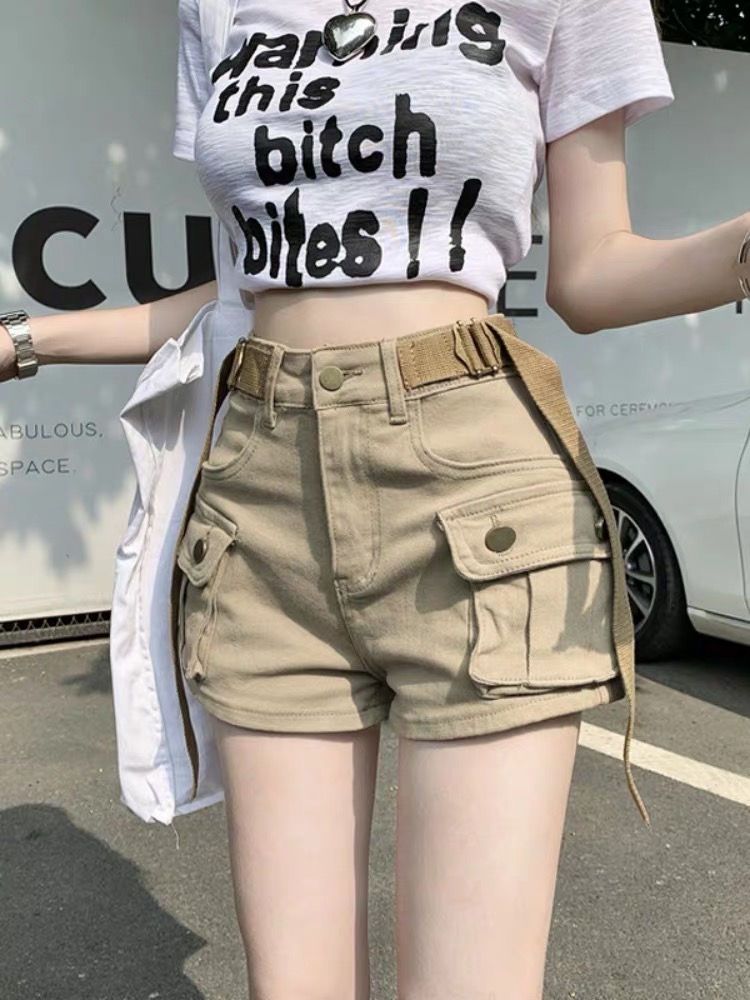 아메리칸 핫걸 워크웨어 데님 반바지 여성 2026 새로운 하이웨이스트 슬림해 보이는 수 있습니다. 조정 벨트 한 마디 넓은 다리 핫 바지