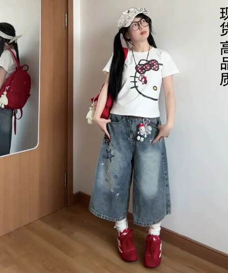 아메리칸 레트로 별 프린트 데님 7부 바지 2026 여름 얇은 스타일 바지 루즈핏 워싱 넓은 다리가 짧다. 바지