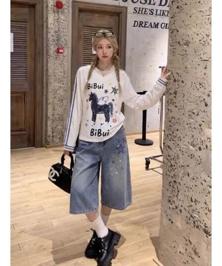 아메리칸 레트로 별 프린트 데님 7부 바지 2026 여름 얇은 스타일 바지 루즈핏 워싱 넓은 다리가 짧다. 바지