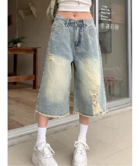 아메리칸 찢어진 부분 거친 가장자리 7 점 청바지 여성 여름 넓은 다리 디자인 센스 8 점 바지 스트레이트 벽오동 짧은 바지