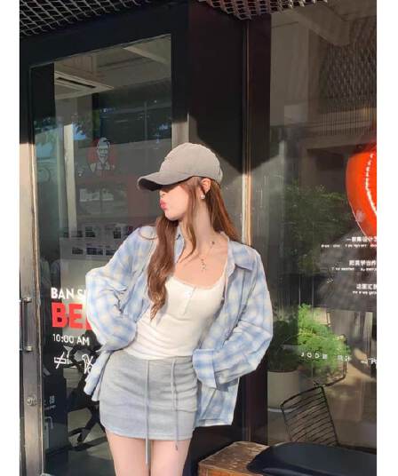 한 부서 느긋한 파란색 체크무늬 여성 셔츠 봄 가을 새로운 작은 키 연령 감소 학생 외부 가져 가라. 슬림해 보이는 맨위 재킷
