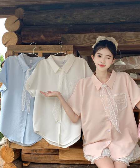긍정적 인 어깨 레이스 넥타이 화이트 여성 셔츠 여름 새로운 반팔 신선함 디자인 센스 오픈 가디건 맨위