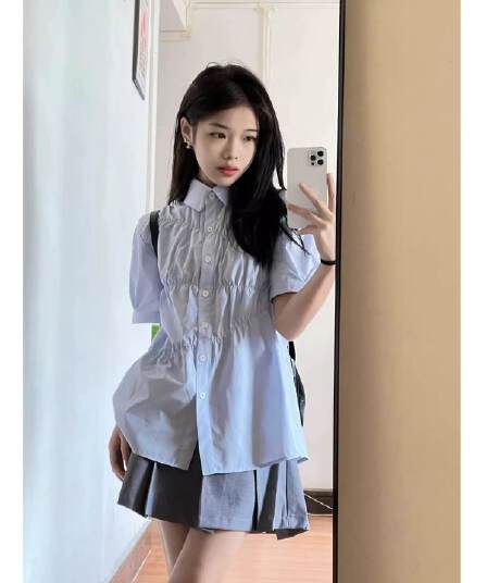 학원 스타일 파란색 반팔 여성 셔츠 여름 2026 새로운 한 부서 달콤함 루즈핏 셔츠 고급 센스 주름 맨위