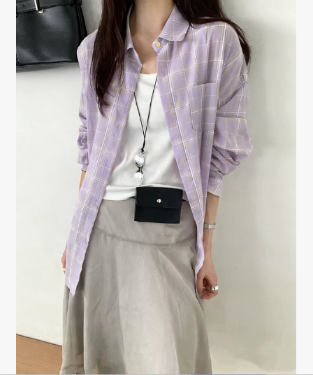 면 100% 원본 원단 아메리칸 체크무늬 여성 셔츠 봄 가을 패션 레트로 루즈핏 한국 스타일 캐주얼 체크무늬 긴팔