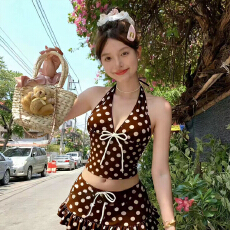 批发泳衣女高级感法式复古分体裙子挂脖保守小胸聚拢海岛度假温泉泳装