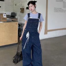 批发美式复古波点工装<b class='q'>背带</b>裤女春秋宽松休闲高街直筒连体阔腿<b class='q'>长裤</b>潮牌