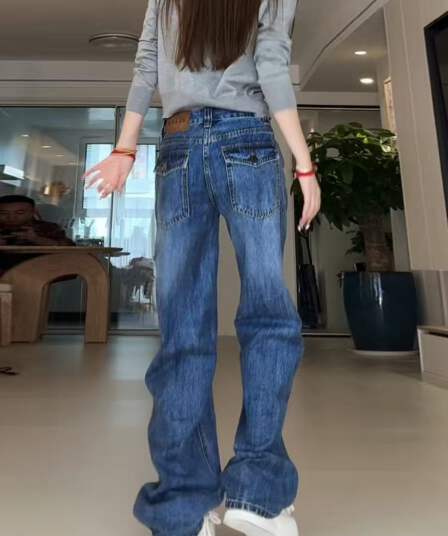레트로 파란색 좁은 에디션 넓은 다리 청바지 여성 2026 봄 새로운 작은 키 하이웨이스트 슬림해 보이는 바닥 청소 스트레이트 팬츠