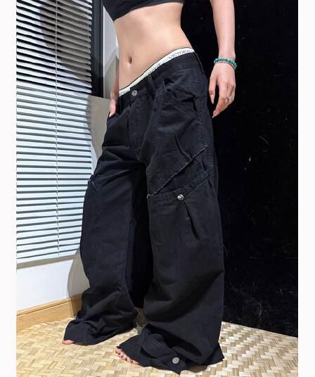아메리칸 레트로 해체 모통이 칼 검정색 워크웨어 팬츠 남녀 루즈핏 넓은 다리 캐주얼 바지