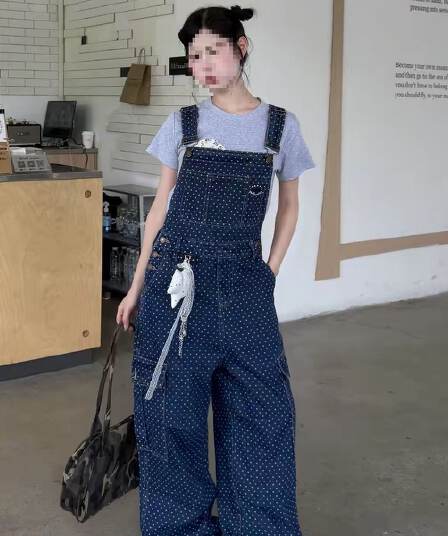 아메리칸 레트로 도트 무늬 워크웨어 멜빵 바지 여성 봄 가을 루즈핏 캐주얼 높음 거리 스트레이트 올인원 넓은 다리 길이 바지 조수 브랜드