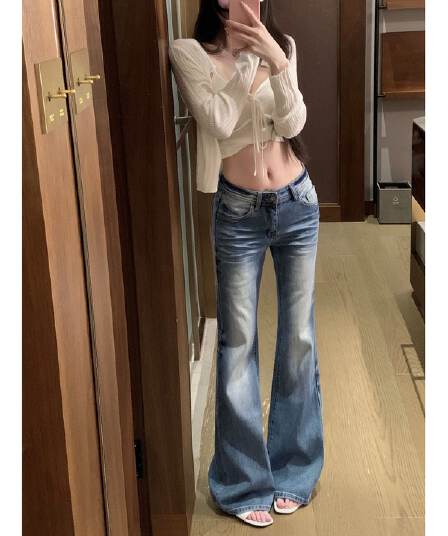 아메리칸 레트로 로우 웨이스트 부츠컷 청바지 여성 봄 가을 마 오래된 몸매 가꾸기 슬림해 보이는 디자인 센스 워싱 핫걸 바닥 청소 바지