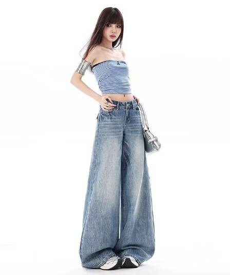 아메리칸 레트로 아니요 막대기 다리 부츠컷 넓은 다리 청바지 여성 가을 새로운 핫걸 워싱 다용도 스트레이트 바닥 청소 바지