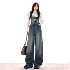 批发2026秋季<b class='q'>背带裤</b><b class='q'>牛仔</b>宽松舒适美式潮流设计复古蓝高腰显瘦拖地长裤