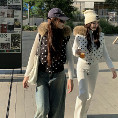批发美式波点可拆卸帽子无袖棉马甲女休闲毛领可拆叠穿外套