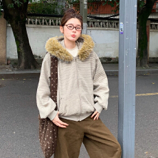 批发明星同款条纹毛领连帽卫加绒卫衣外套女秋冬休闲宽松开衫上衣