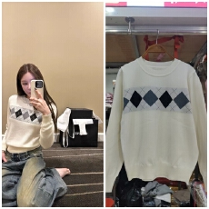 批发蝶宝嘻 复古菱格 圆领羊毛两色<b class='q'>打底衫</b>女秋冬内搭上衣毛衣针织衫