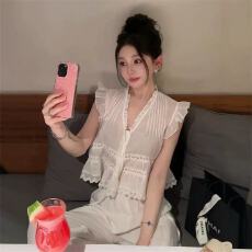 批发100苎麻重工压褶荷叶边蕾丝上衣➕白色麻<b class='q'>裤</b>#<b class='q'>PP</b>0158TZ