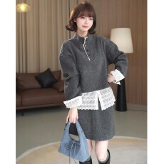 批发薇薇绮设计半高领加绒卫衣拼接蕾丝下摆半裙显瘦<b class='q'>套装</b>有货